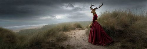 Deer with red dress in dunes panorama by Digitale Schilderijen