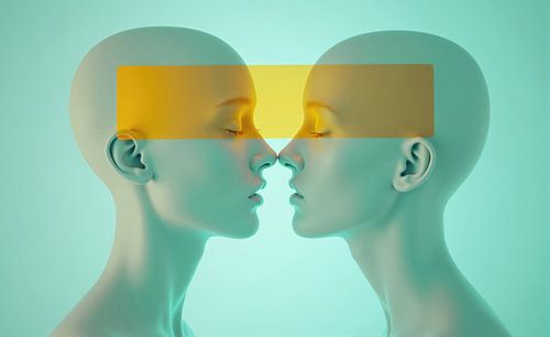 Twee kale hoofden met rechthoek voorhoofd