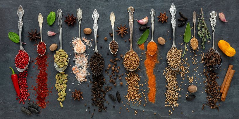 Colourful selection of exotic spices on a slate plate III by Photo Art Thomas Klee