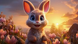 3d Carton Osterhase in einem Blumenfeld im Garten bei Sonnenuntergang