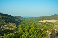Blick auf Orangenplantagen an der Mittelmeerküste Spaniens zwischen den Bergen. Am Horizont das Mitt