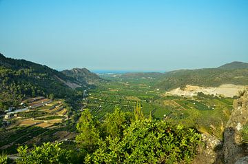 Blick auf Orangenplantagen an der Mittelmeerküste Spaniens zwischen den Bergen. Am Horizont das Mitt von LuCreator