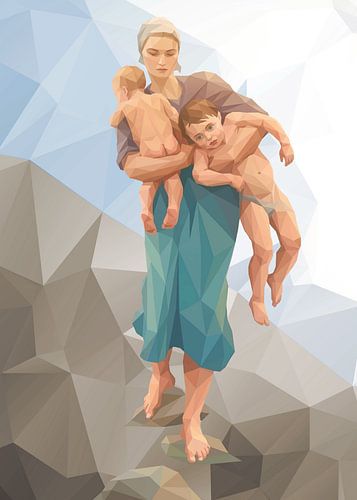 Die Frau eines Fischers kommt, um ihre Kinder zu baden