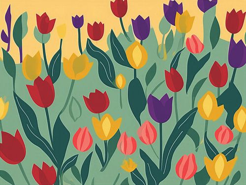 Farbenfrohes grafisches Kunstwerk mit Tulpen von STUDIO ARTSY
