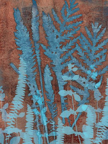 Botanische bladeren monotype in kobaltblauw en roestbruin
