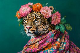 Léopard avec couronne de fleurs et foulard sur Poster Art Shop