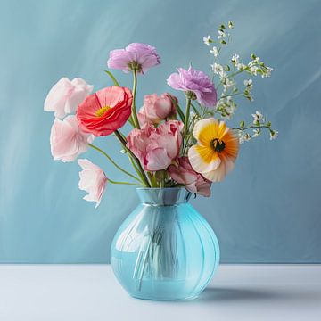 Zomer bloemen in licht blauwe vaas van Vlindertuin Art