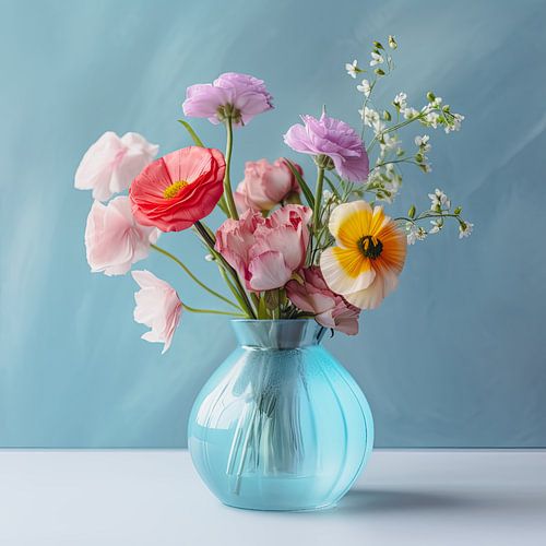 Fleurs d'été dans un vase bleu clair sur Vlindertuin Art