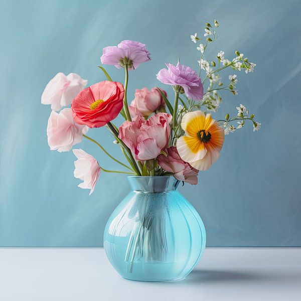 Zomer bloemen in licht blauwe vaas van Vlindertuin-Art