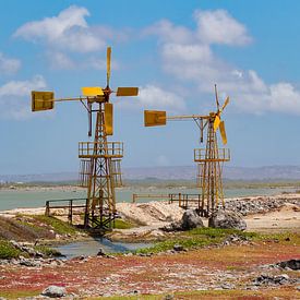 Deux moulins à vent jaunes pour la production de sel sur l'île de Bonaire sur Ben Schonewille