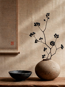 Nature morte « Japandi » avec des branches de baies dans un vase en céramique