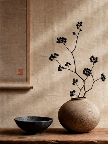 Japandi-Stillleben mit Beerenzweigen in einer Keramikvase