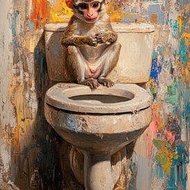 Aap op Toilet in Kleurrijke Expressieve Impasto-Stijl van Eva Lee