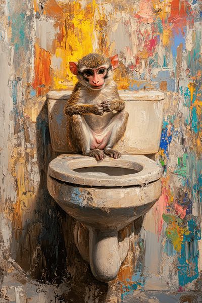 Affe auf Toilette in farbenfrohem, ausdrucksstarkem Impasto-Stil von Eva Lee