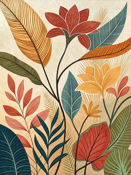 Sérénité tropicale : Imprimé d'art dessiné à la main, jardin botanique floral par Artistic