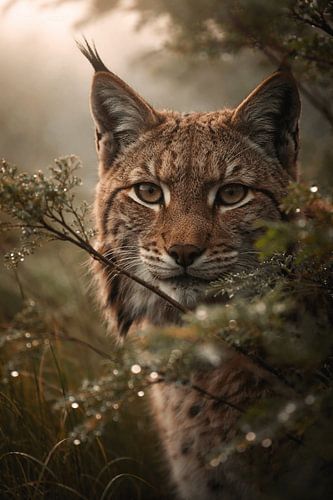 Gros plan saisissant d'un lynx dans la douce brume matinale – photo animalière pleine de charme, empreinte de calme et de concentration