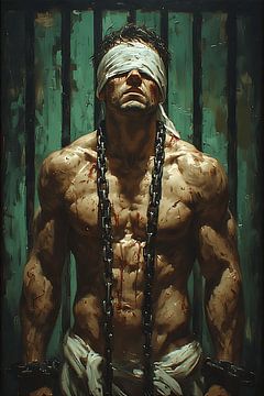 Gefangener mit verbundenen Augen in Ketten – Expressionistisches Ölgemälde über menschliches Leid und Widerstandsfähigkeit von Kimita Jennaira