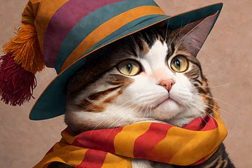 Katze mit bunter Mütze und Halstuch von H.Remerie Fotografie und digitale Kunst