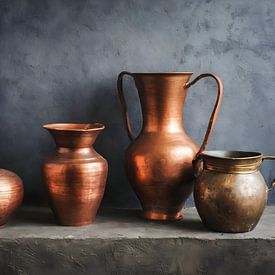 Copper vases and pitchers in a still life in front of a grey rough wall by John van den Heuvel