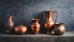 Vases et pichets en cuivre dans une nature morte devant un mur gris rugueux