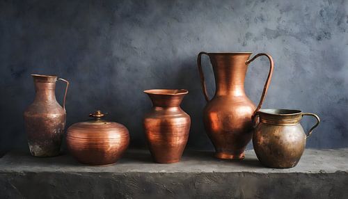 Vases et pichets en cuivre dans une nature morte devant un mur gris rugueux