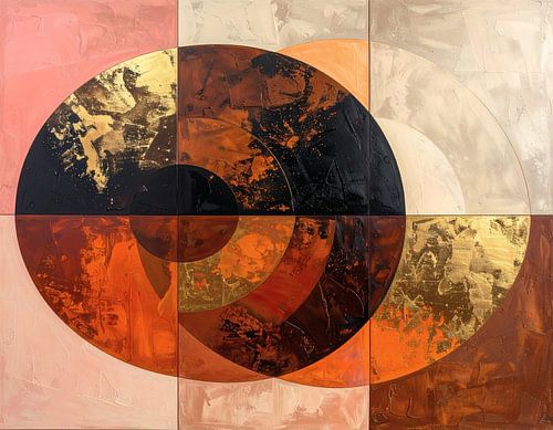 Série de quatre - forme circulaire dans des couleurs chaudes rouge brun or rose et blanc cassé 1 de 4
