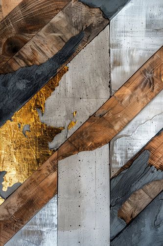 Kunst met abstract vormen en industrieele objecten hout en beton