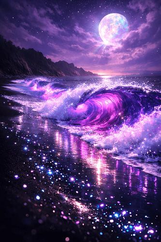 Bioluminescent Purple Ocean Wave Moonlight Beach
