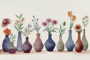 Frühling: Eine Reihe von kleinen Vasen mit fröhlichen Sträußen aus Frühlingsblumen