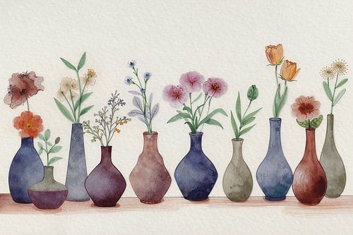 Spring: A row of vases with cheerful bouquets of spring flowers