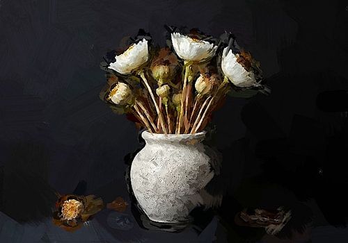 A still life classic portrait of a vase of white dried flowers.
