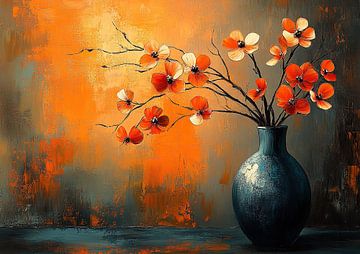 Abstract Bloemenschilderij | Crimson Flare Vase van Kunst Kriebels