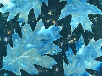 Abstract wet cyanotype of leaves of American oak tree by Retrotimes