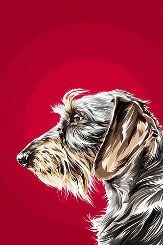 Ruwharige teckel tegen een rode achtergrond