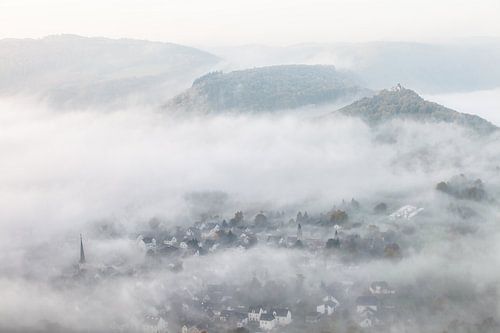 Mist over het dal in het dorp Wolf an der Mosel aan de Moezel in Duitsland van Bas Meelker