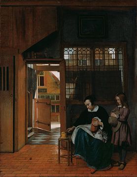 Vrouw met brood en boter en een naast haar staande jongen, Pieter de Hooch