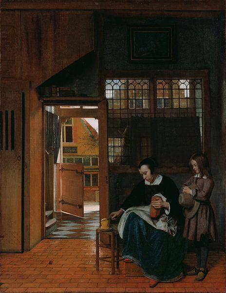 Femme avec du pain et du beurre et un garçon debout à côté d'elle, Pieter de Hooch par Des maîtres magistraux