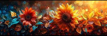 Geometrische Darstellung von Sonnenblumen in Leuchtenden Farben von Felix Brönnimann
