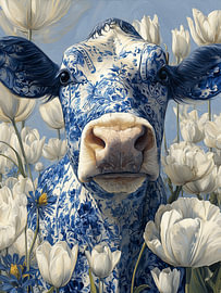 Fröhliche Kuh mit Tulpen in Delfter Blau von Wilma Mesman