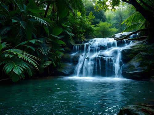 Idyllische waterval in het tropisch regenwoud