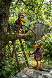 Entenpuppen sägen Ast ab im Garten