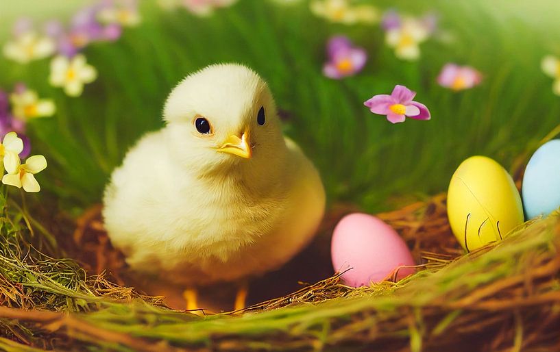 Ostereier im Nest mit Küken, generative AI Art Illustration von Animaflora PicsStock