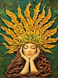 Gold Medusa Relief - Abstract Symmetrisch Vrouwen Portret met Gouden Textuur en Botanische Kroon