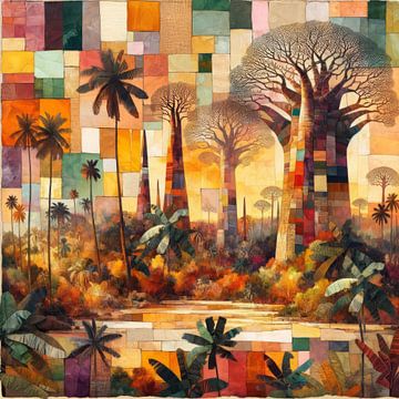Collage baobab in bos in avondzon van Lois Diallo