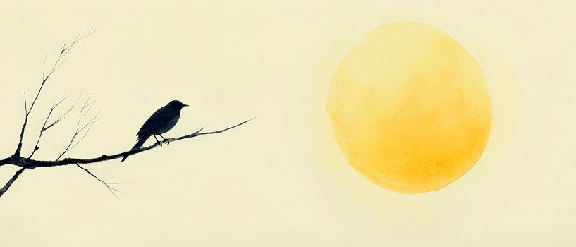 Bird on branch in front of yellow sun by Poster Art Shop