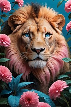 Beautiful Lion surrounded by the most beautiful pink flowers by Linda Ringelberg