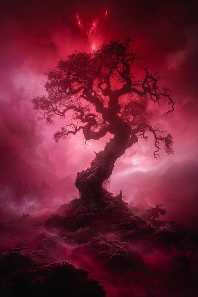 Arbre mystique dans un paysage surréaliste rouge par Art & Soul Creations