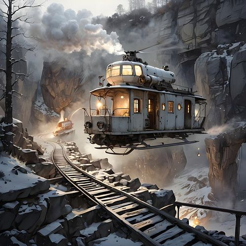 Helicopter lands in snowy gorge, steampunk