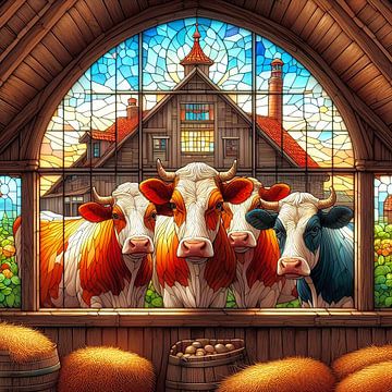Koeien op de boerderij in glas in lood stijl van Digital Art Nederland