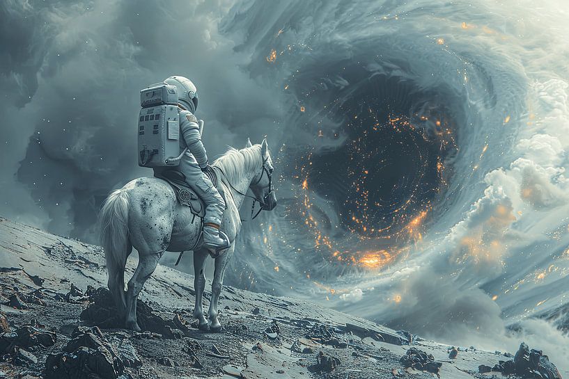 Astronaut on horseback in front of a hurricane in space by Poster Art Shop
